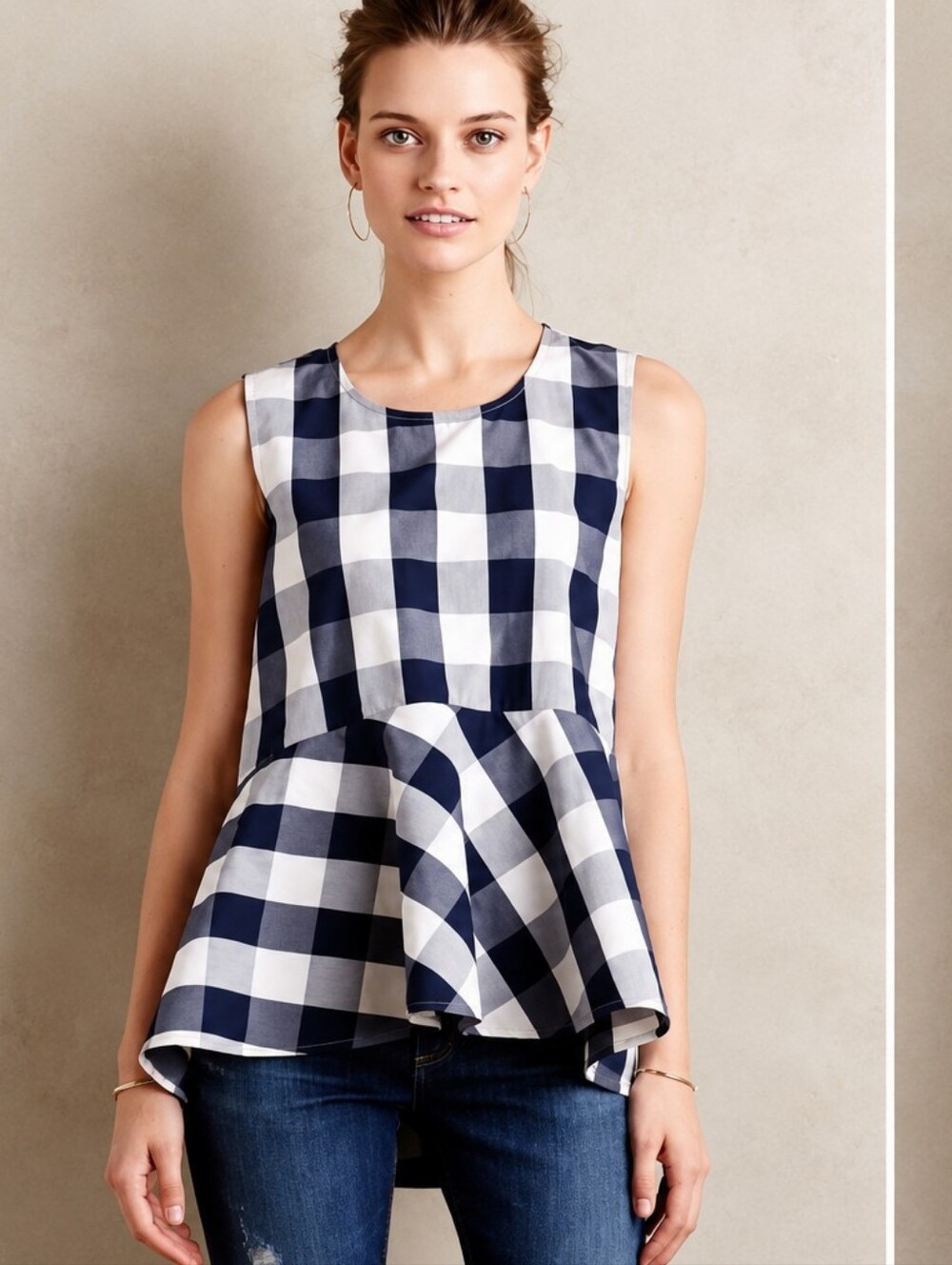 Anthropologie HD in Paris Blue White Plaid Poplin Peplum Top Size 4